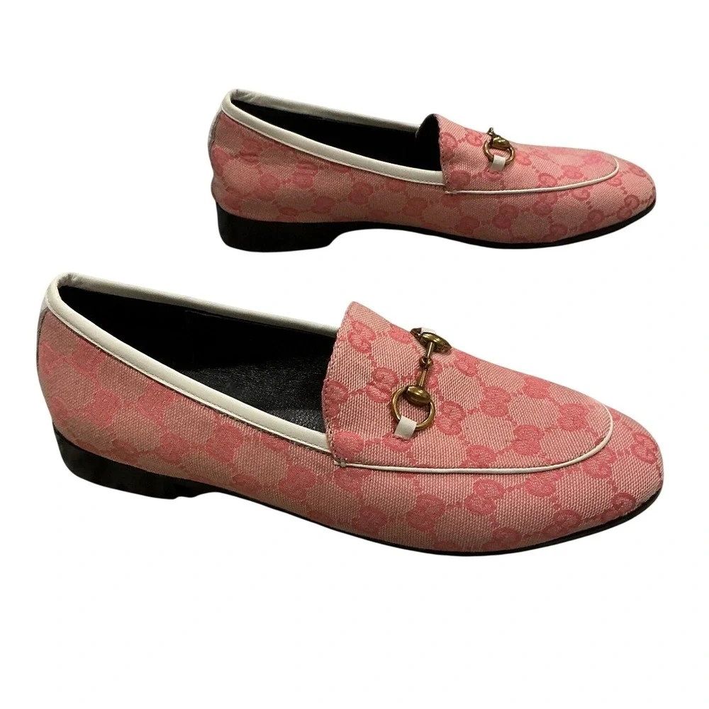 Gucci Jordaan Loafers Pink GG Monogram Canvas Horsebit Shoes IT 41 Mens 8 US